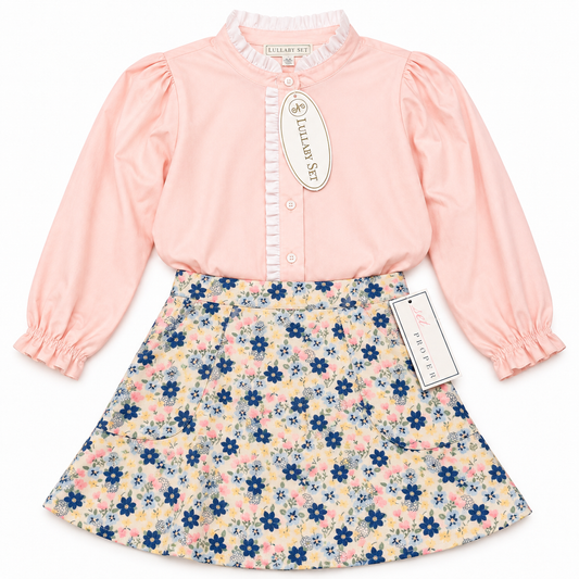 10 Lullaby Set Pink & White Ruffle Top + Set Proper Cord Floral Skirt Set