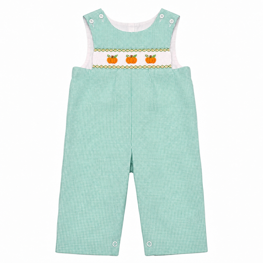 18M Classic Whimsy Teal Petit Gingham Pumpkin Smocked Longall