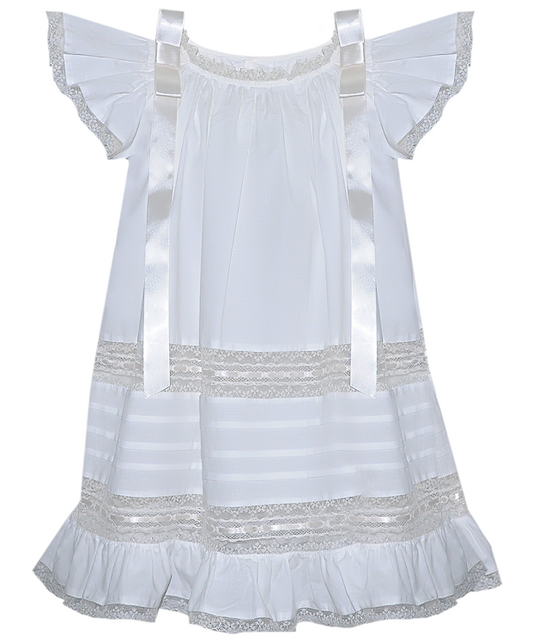 White girls' flutter sleeve dress with lace trim, satin ribbons, and ruffle hem detailing