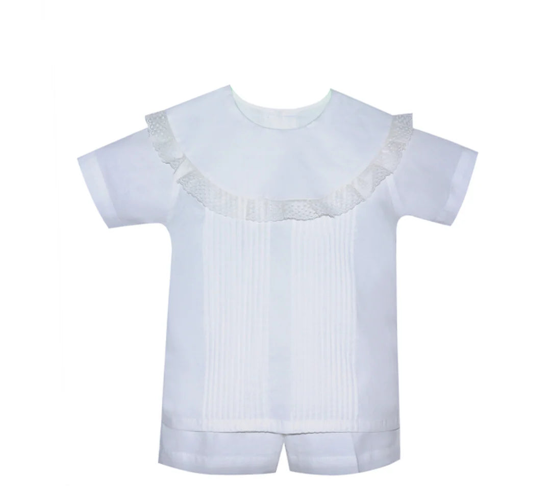 White short sleeve baby boy romper with pleats and lace collar, classic children's clothing