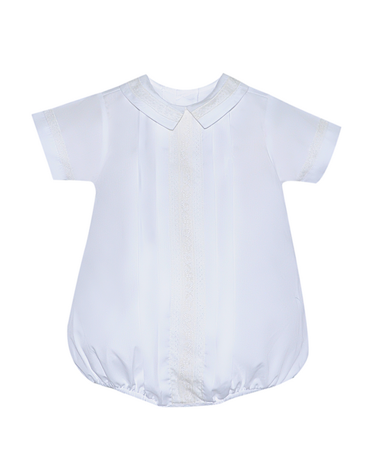 Classic white short sleeve baby bubble romper with delicate lace trim