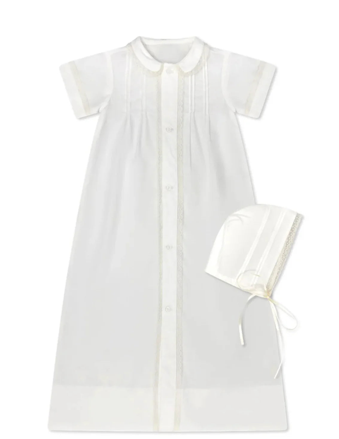 White infant christening gown with short sleeves and matching bonnet, classic children's clothing