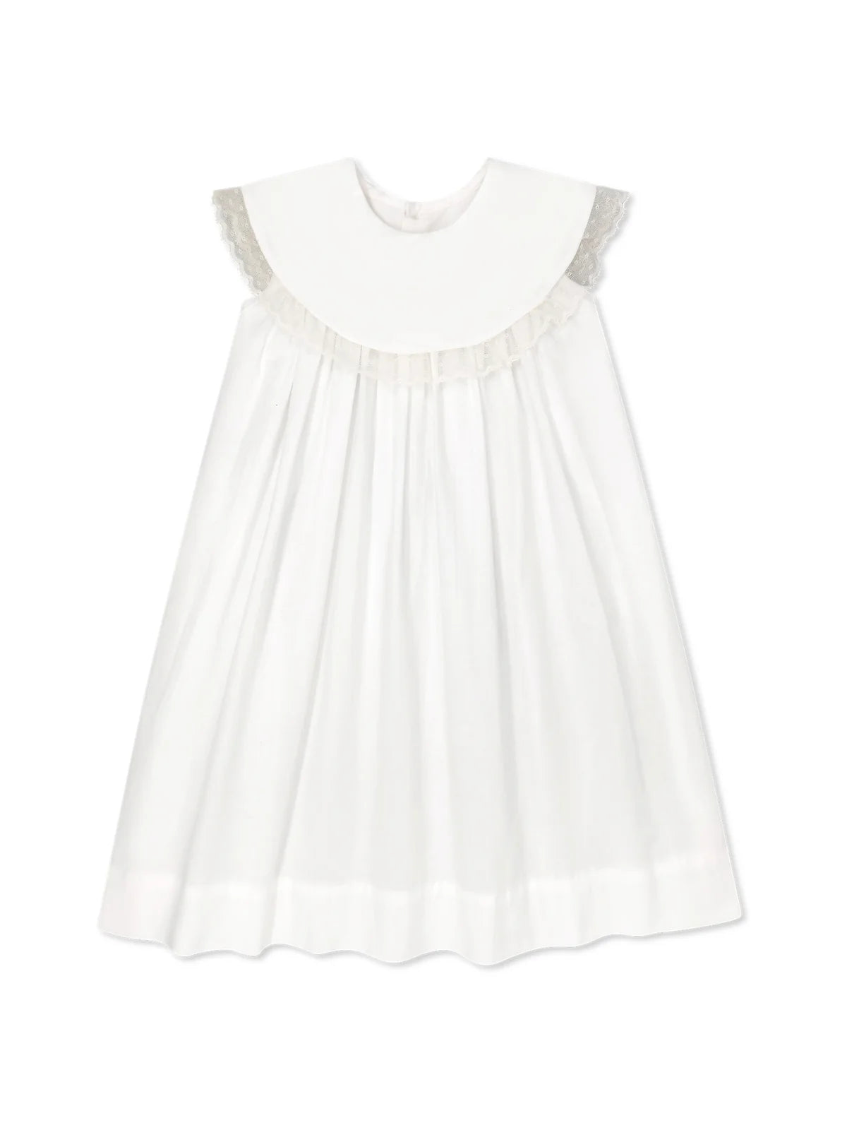 White classic children’s dress with lace trim and wide collar, displayed on white background