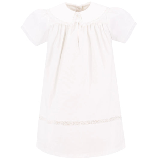 White short sleeve classic children's dress with lace trim and Peter Pan collar