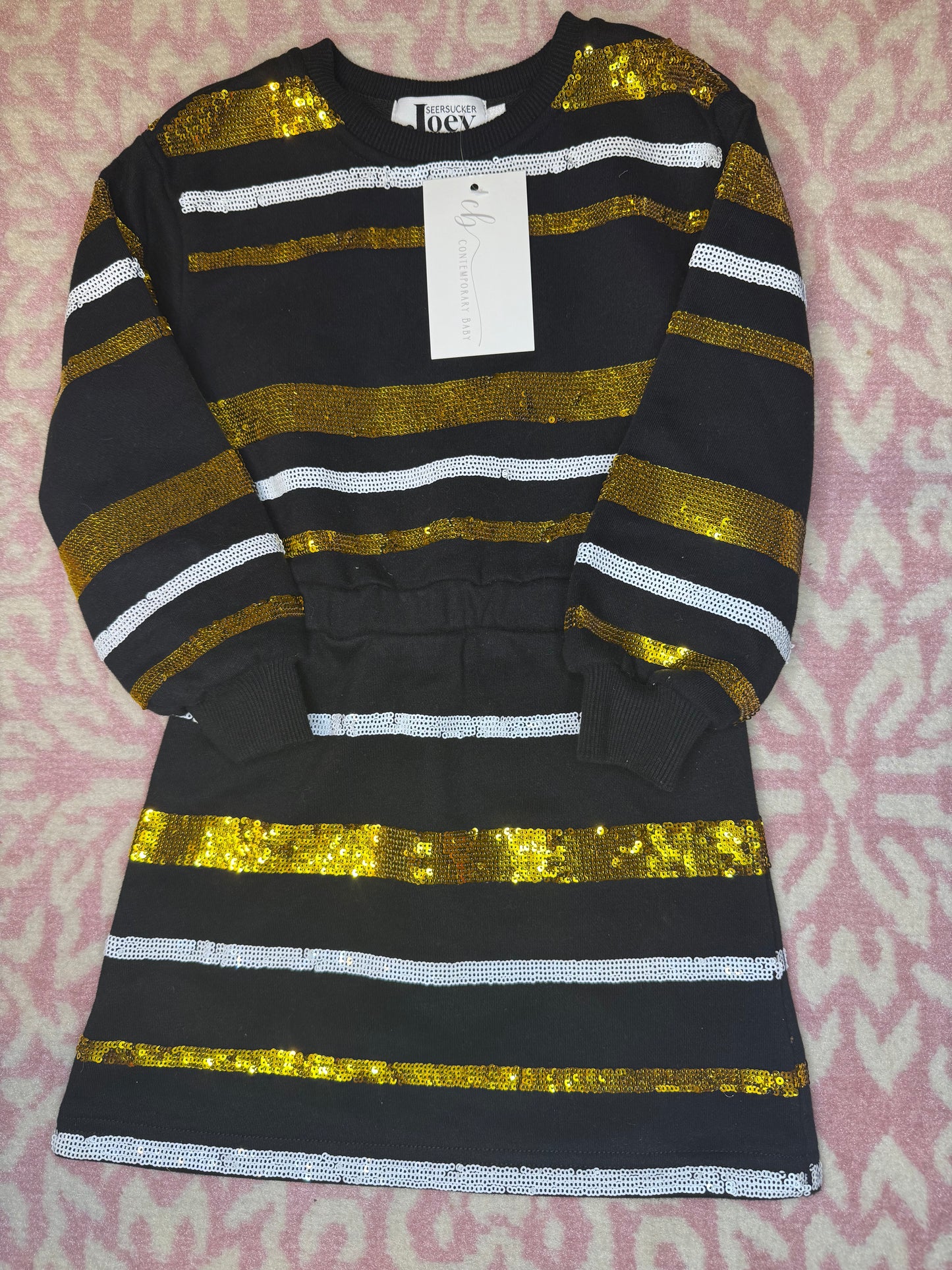 Sz 4 Seersucker Joey Black & Gold Sequin Saints LS Dress