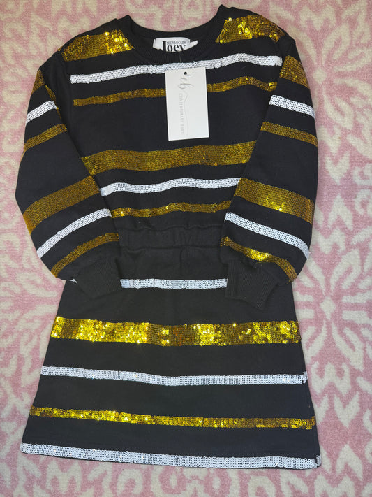 Sz 4 Seersucker Joey Black & Gold Sequin Saints LS Dress