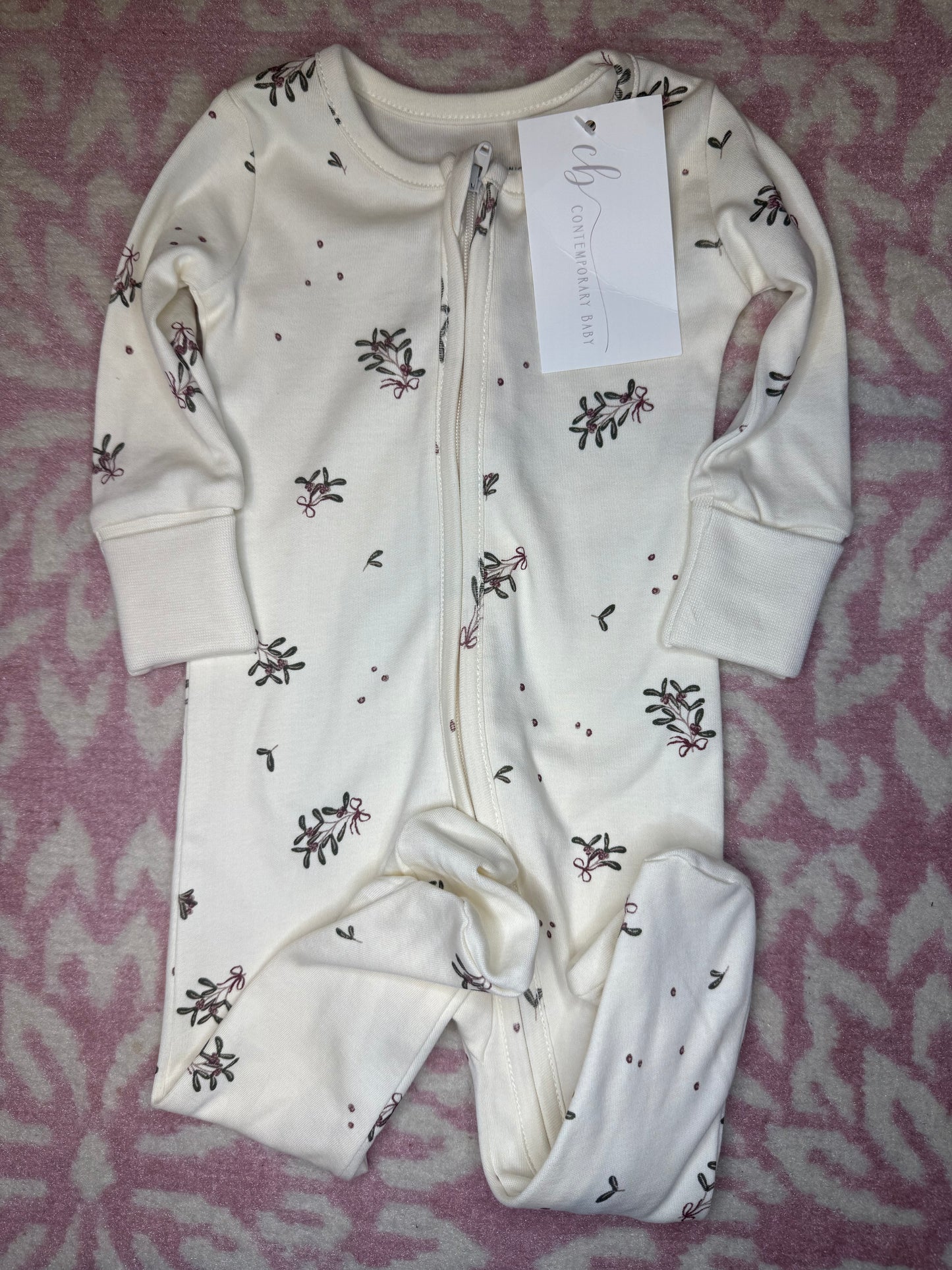 0/3M Colored Organics Mistletoe Christmas Zip Up Onesie Pajamas