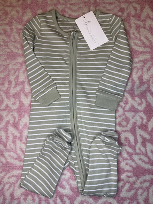 3/6M Colored Organics Green & White Striped Zip Up Pajamas