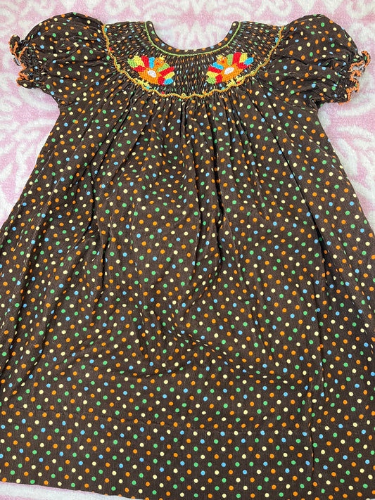 Sz 2 Petite Palace Polka Dot Cord Turkey Smocked Dress