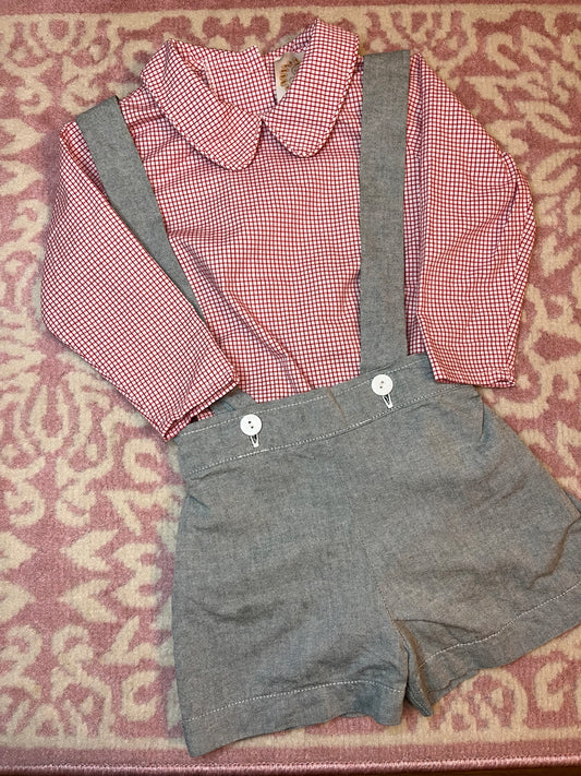 Sz 2T TBBC Peter Pan Collar Top with a 2T Chambray Shortall