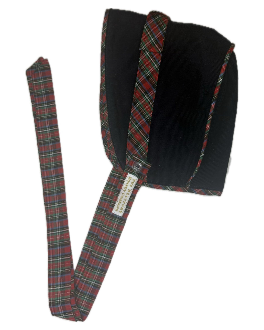 Black corduroy children's bonnet with red plaid trim and ties, classic vintage style