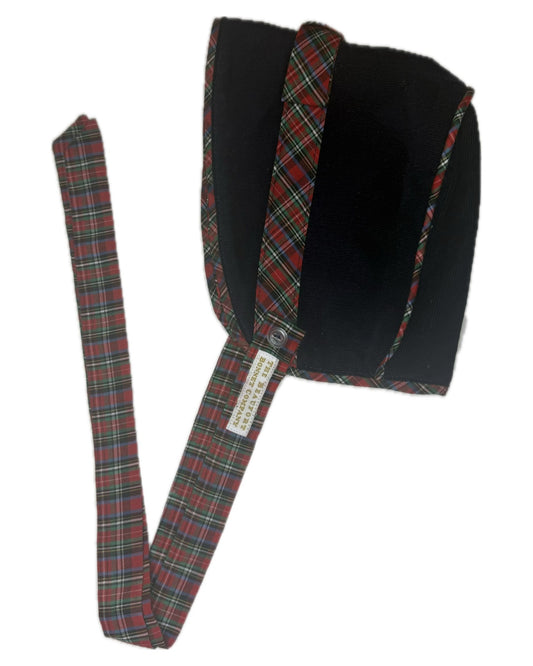 Black corduroy children's bonnet with red plaid trim and ties, classic vintage style