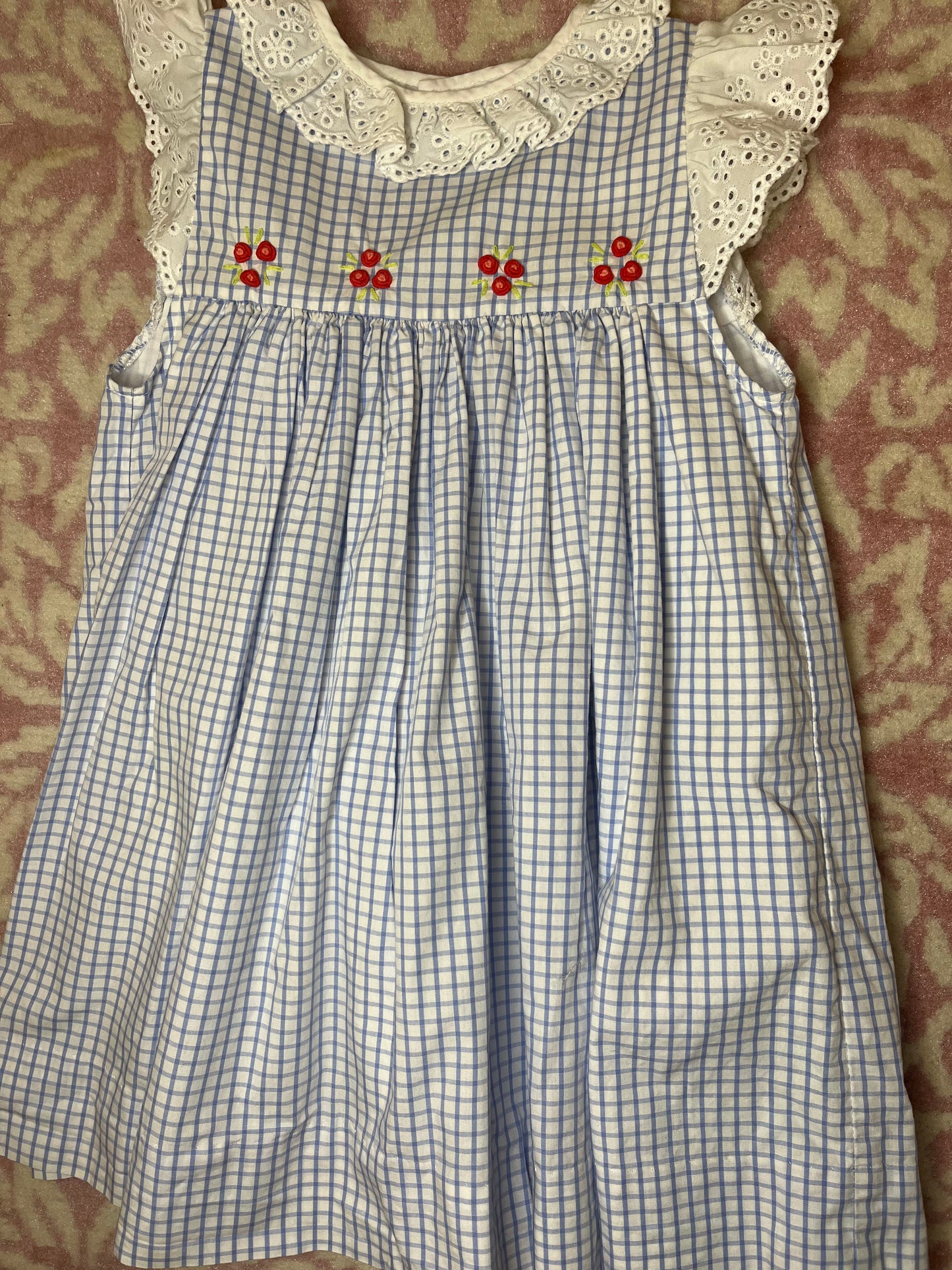 Sz 4T The Proper Peony Blue Windowpane Dress with Rosettes