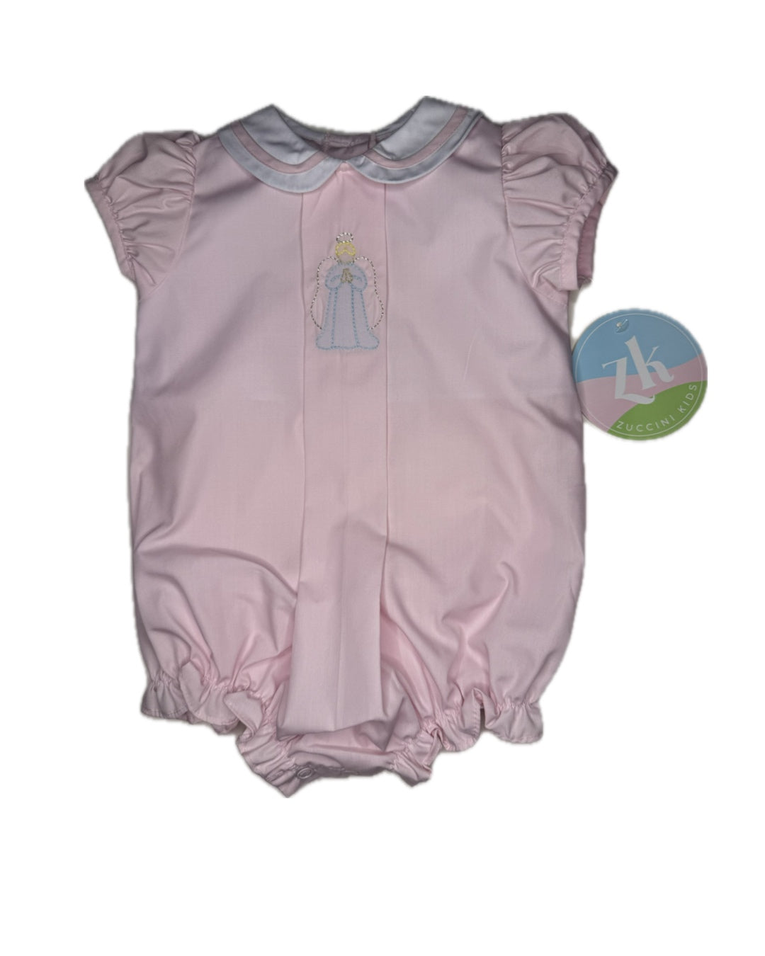 Pink short-sleeve baby romper with embroidered angel, peter pan collar, and Zuccini Kids tag