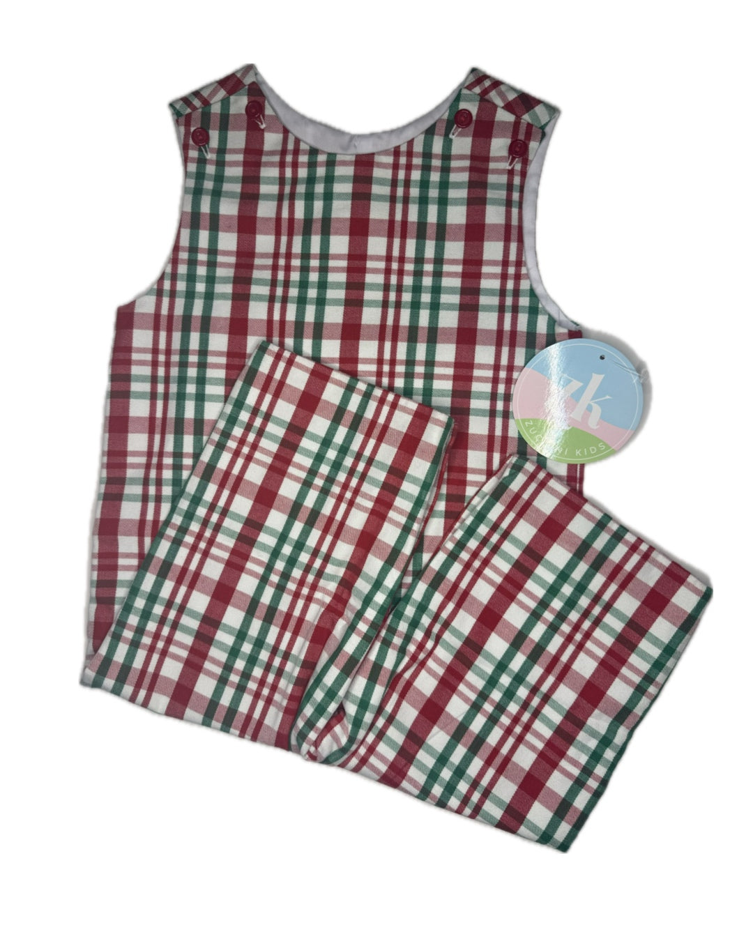 Red and green plaid children's romper and pants set, perfect for holiday outfits