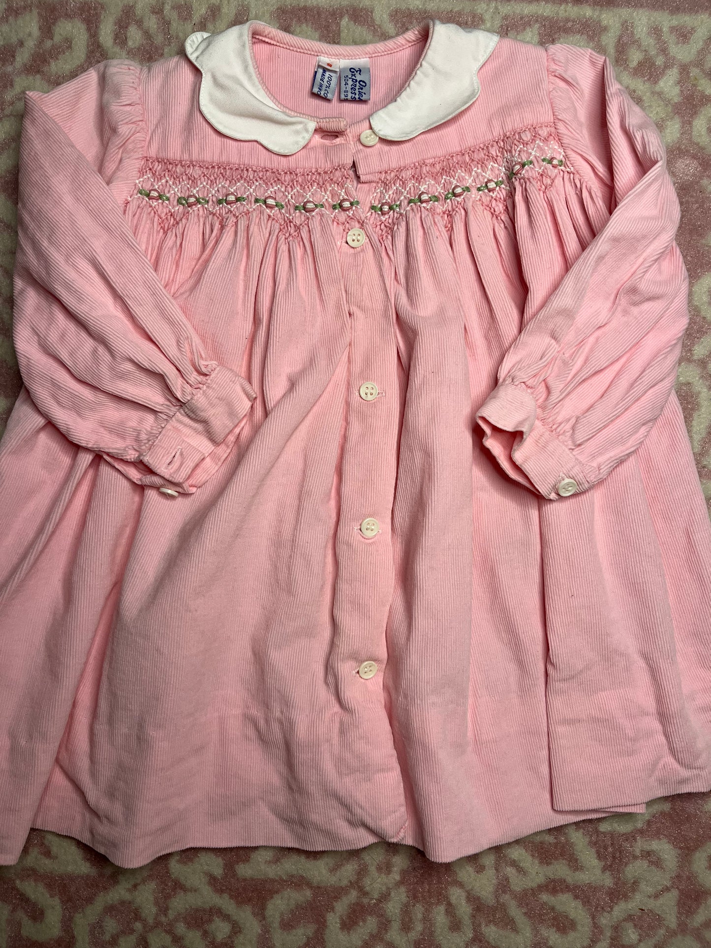 Sz S Orient Expressed Pink Smocked Corduroy Dress