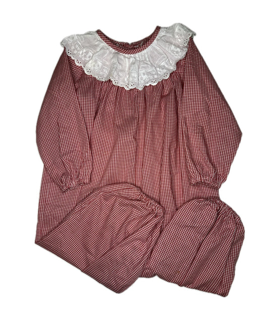 Unisex 18M PBJ Choo Choo Train Eyelet Collar Red Micro Check Long Romper