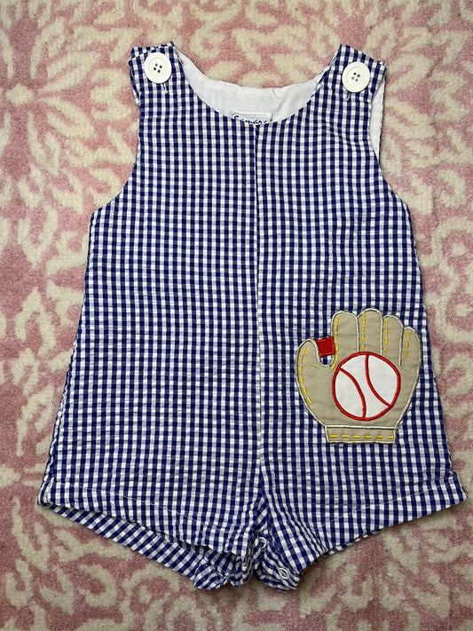 Sz 6/9M Samara Gingham Jon Jon with Baseball appliqué