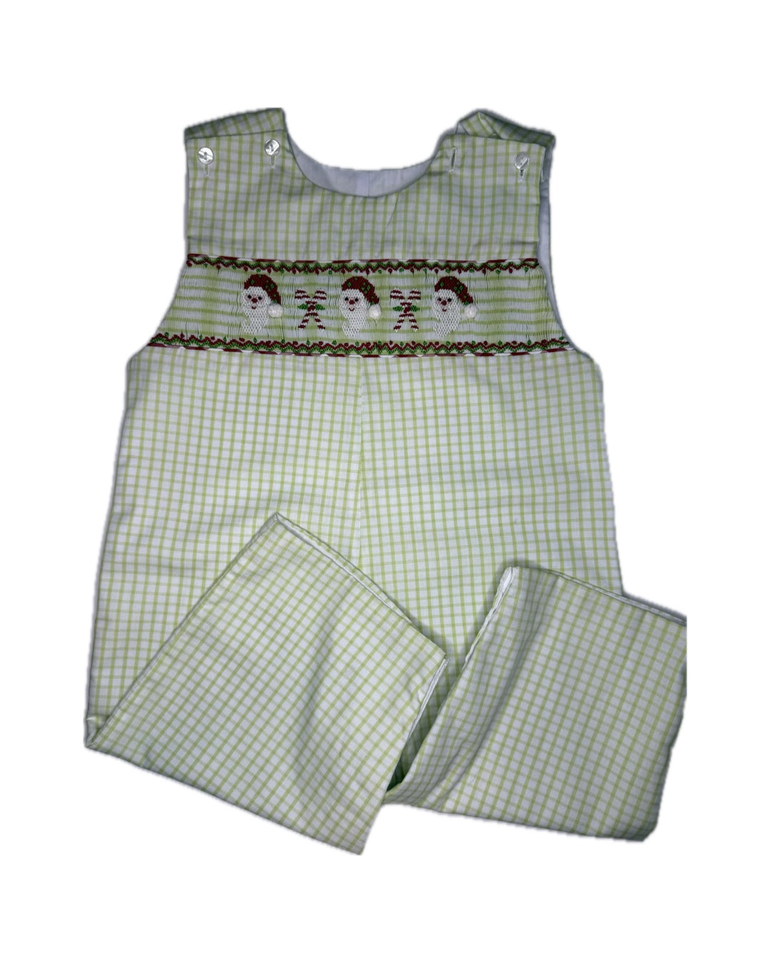 Green plaid children's romper with Santa and candy cane smocking, holiday kids clothing