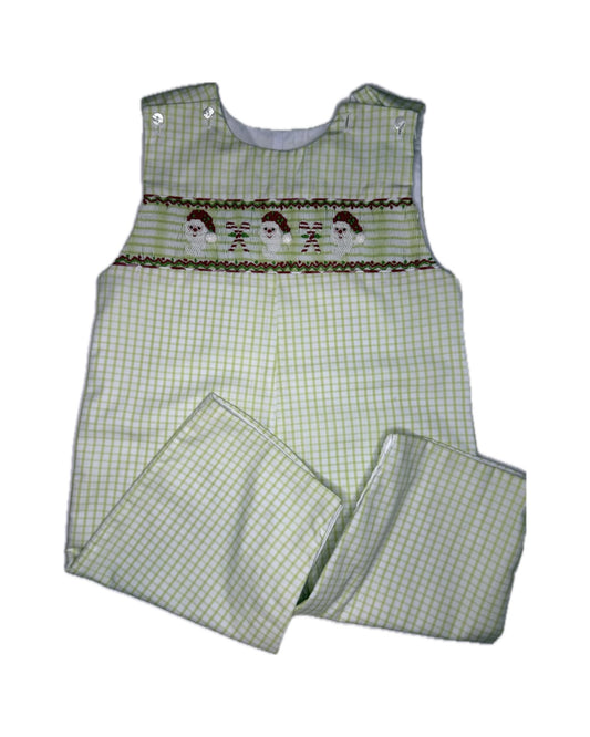 Green plaid children's romper with Santa and candy cane smocking, holiday kids clothing