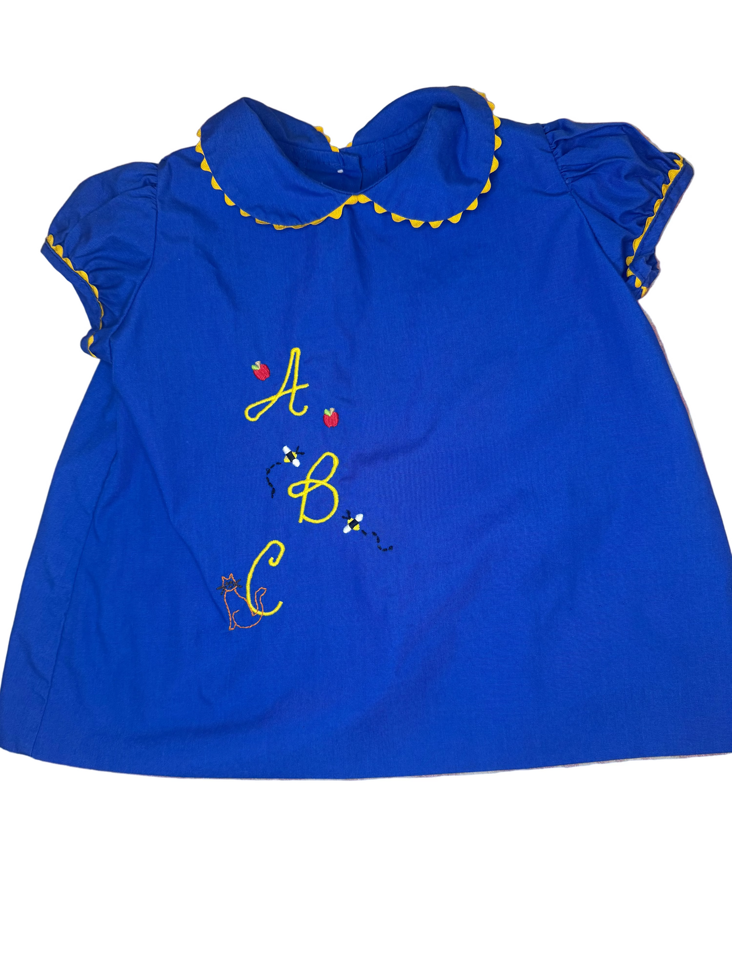 Blue short sleeve girls dress with yellow trim, ABC embroidery, and playful cat design