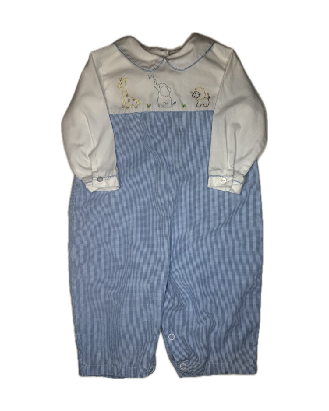 Blue and white long sleeve baby romper with embroidered giraffe, elephant, and lion