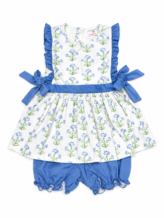 8 Smocking Bird Blue Floral Tie Side Knit Bloomer Set