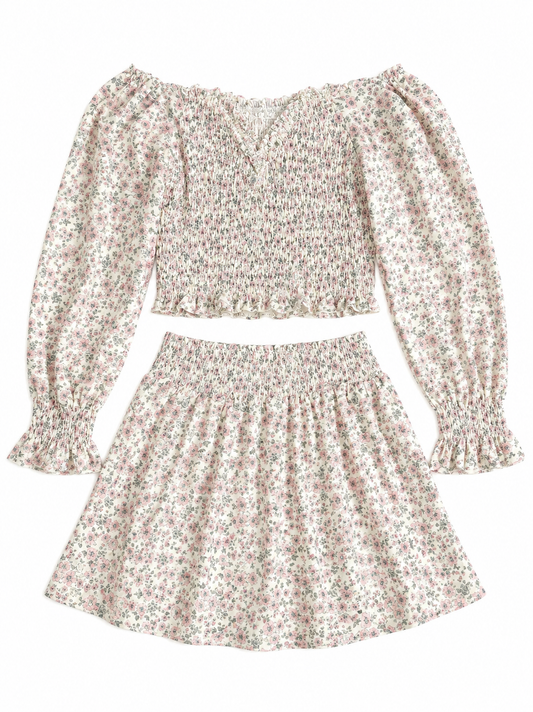 10 Be Elizabeth Floral Smocked Off The Shoulder LS Skirt Set