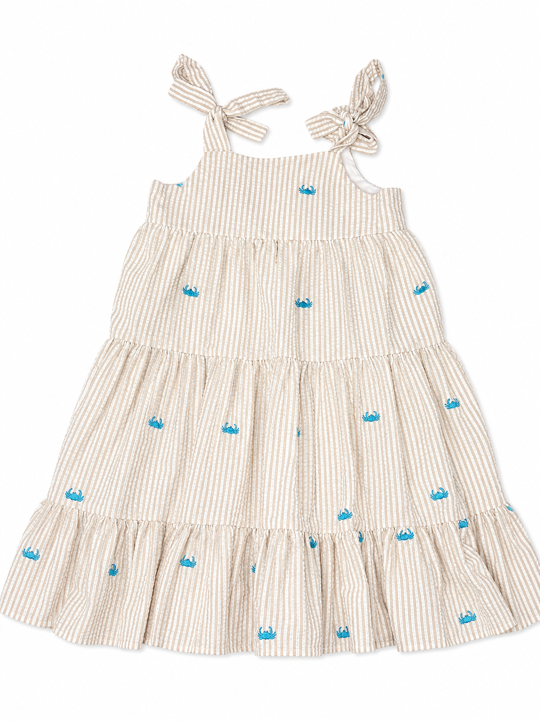 6/7 Kelly’s Kids Tan Seersucker Blue Crab Tie Shoulder Dress