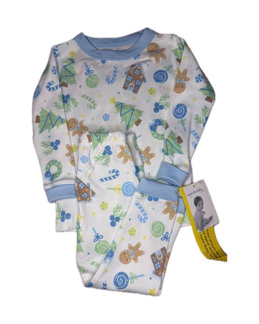 Children's holiday pajama set with Christmas trees, gingerbread men, and candy print