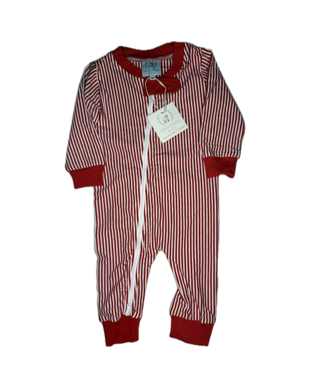 Red and white striped baby romper with zipper and cuffs, classic children's clothing