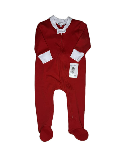 Red footed baby sleeper with white cuffs and collar, zip closure, displayed flat