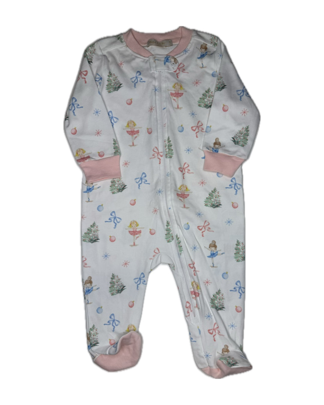 Infant footed sleeper with pink trim, Christmas tree and ballerina print, zip-up front