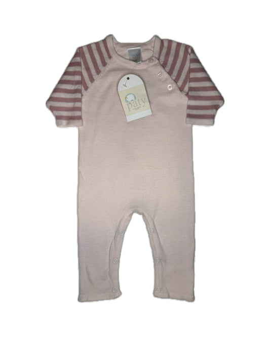 Pink baby romper with mauve striped sleeves, front buttons, and tag, laid flat on white background.