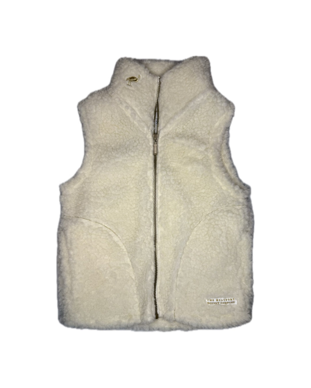 Girl 3T TBBC Van Camp Vest in Palmetto Pearl sherpa with a Coral Gables Gold Metallic Stork emblem