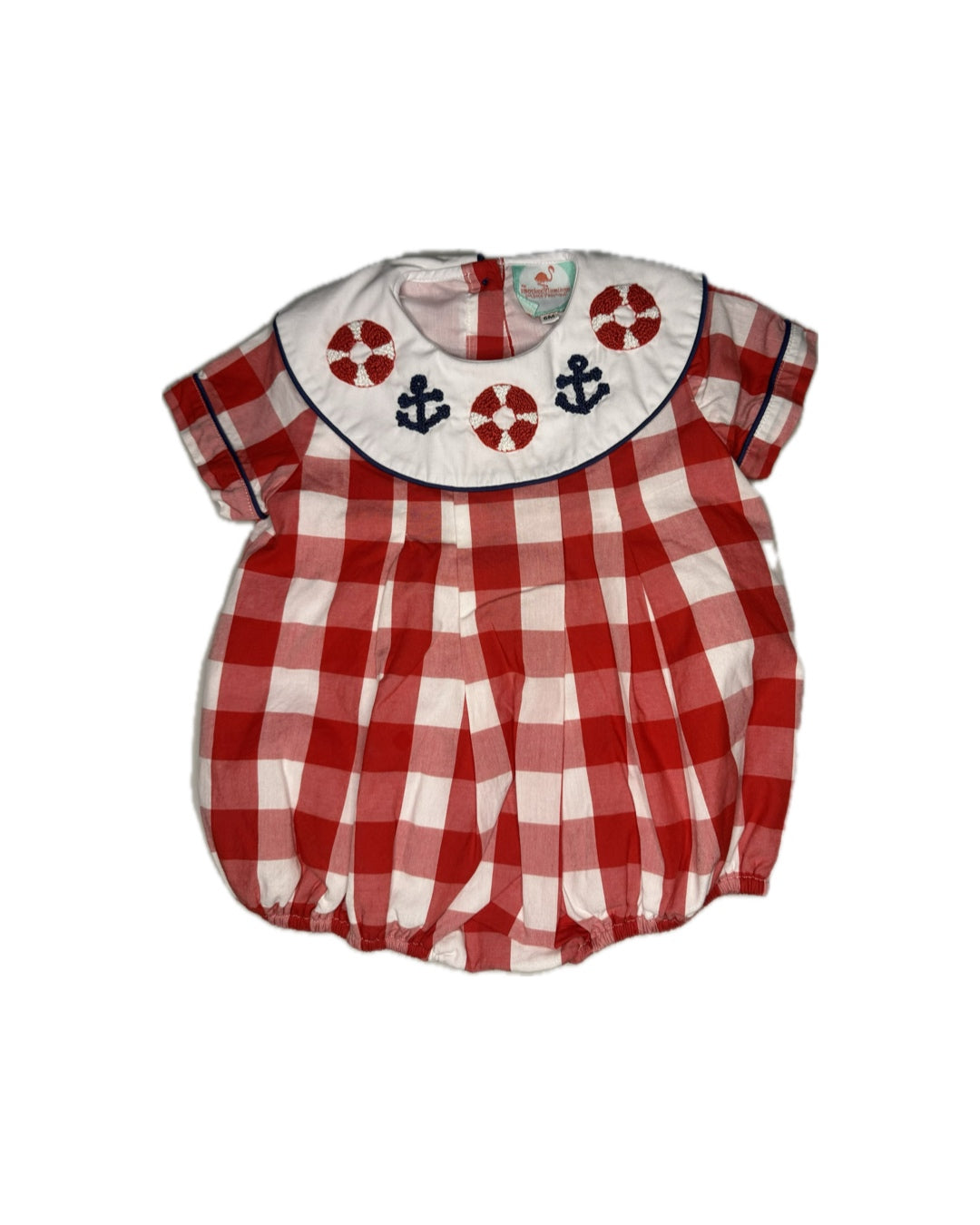 6M Smocked Flamingo Nautical French Knot Red Gingham Bubble