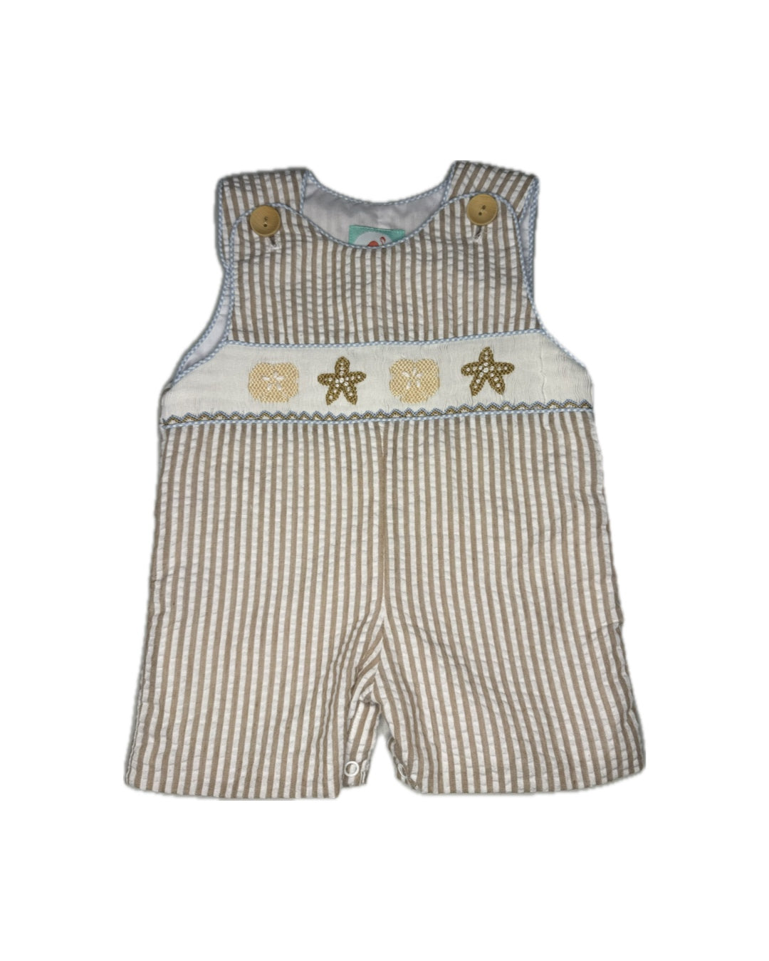 6M Smocked Flamingo Starfish + Sand dollar Tan Seersucker Jon Jon