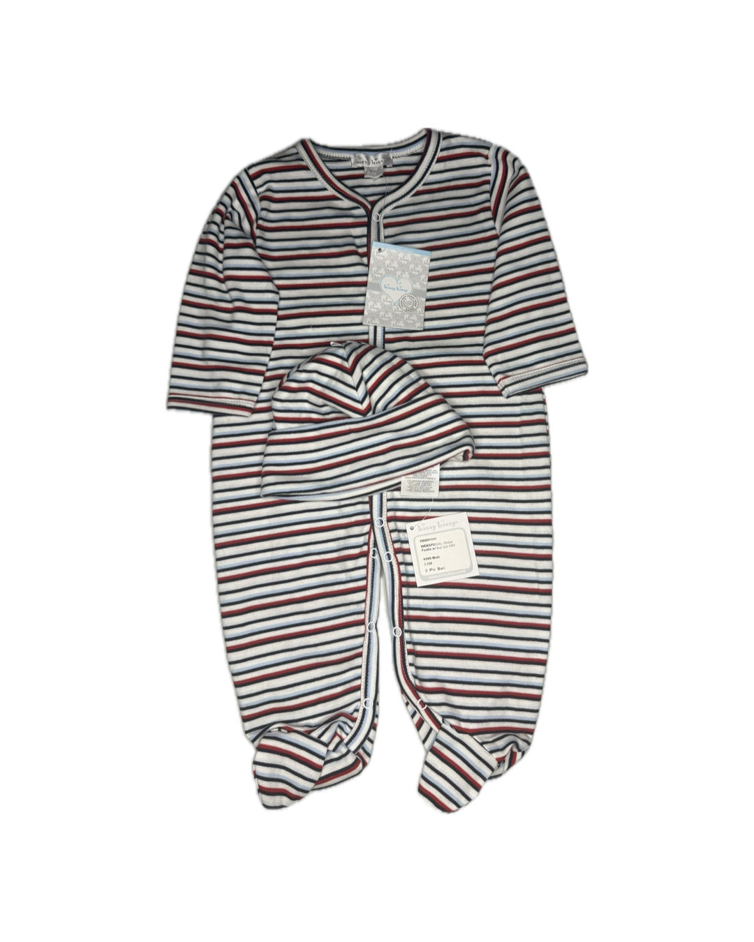 3/6M Kissy Kissy Striped Footie Pajama + Hat Set