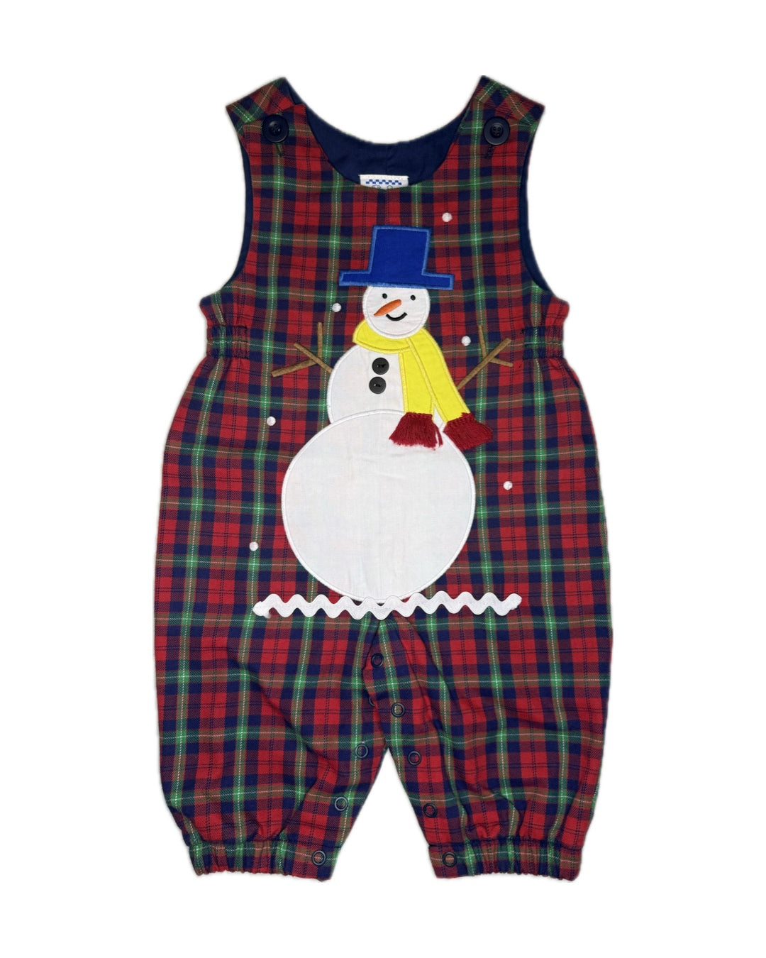 Plaid toddler romper with snowman applique, festive holiday children's clothing
