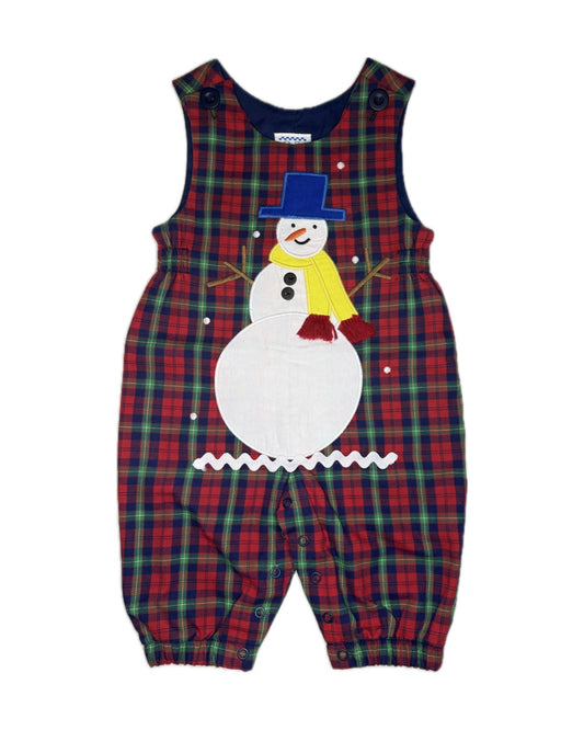 Plaid toddler romper with snowman applique, festive holiday children's clothing