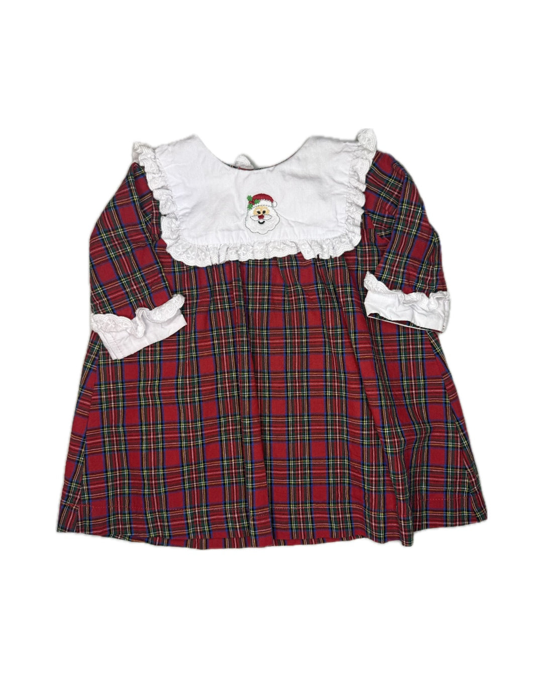 Red plaid holiday children's dress with white ruffled collar and Santa embroidery