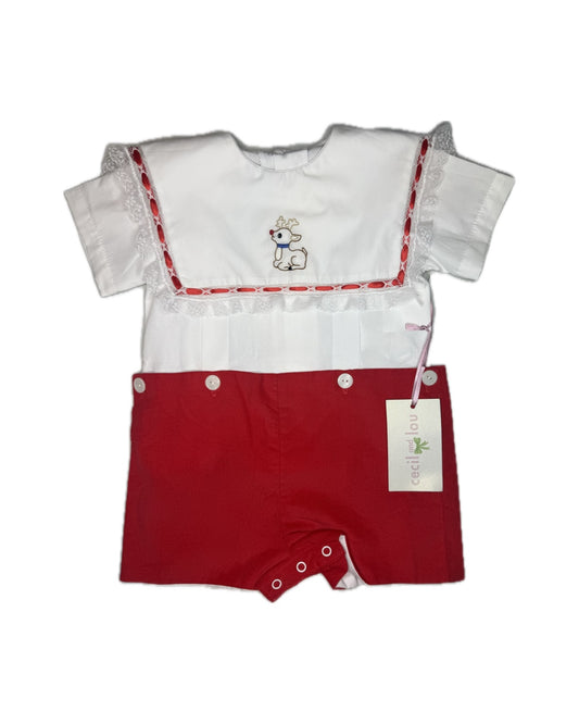 Red and white baby romper with reindeer embroidery and lace trim, short sleeves, tag attached.