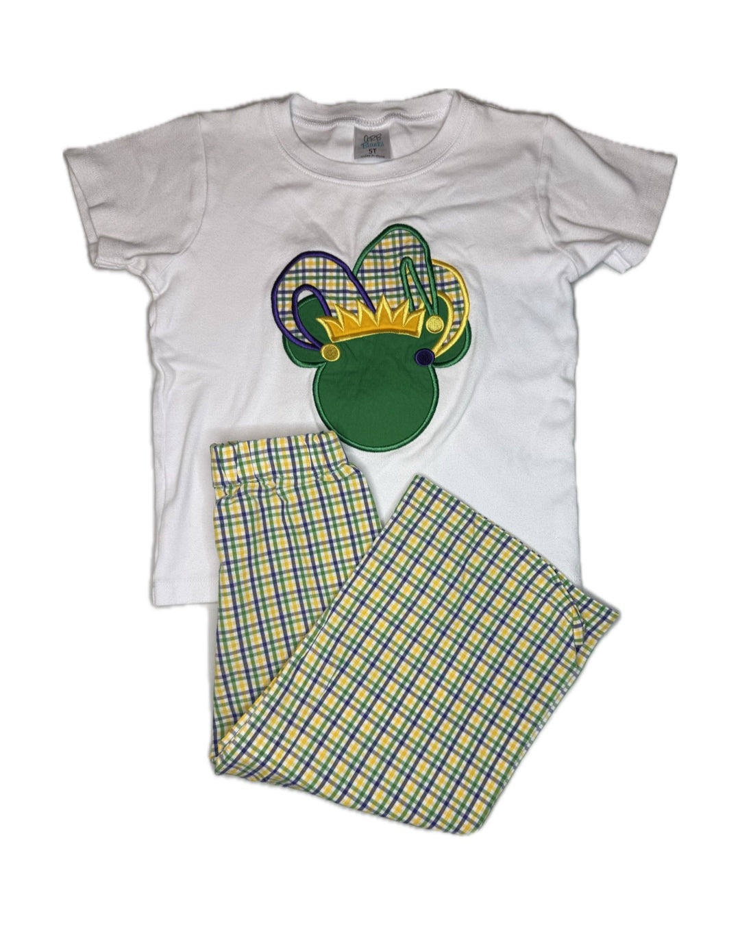 Children's Mardi Gras outfit with white t-shirt featuring jester applique and plaid pants