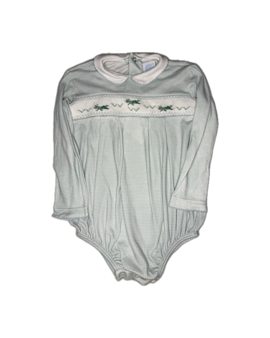 2T Willow Petit Sage Gingham Grasshopper Smocked LS Bubble