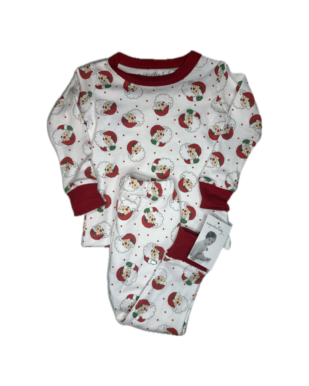 Children’s Christmas pajamas set with Santa Claus print and red trim, holiday kids clothing