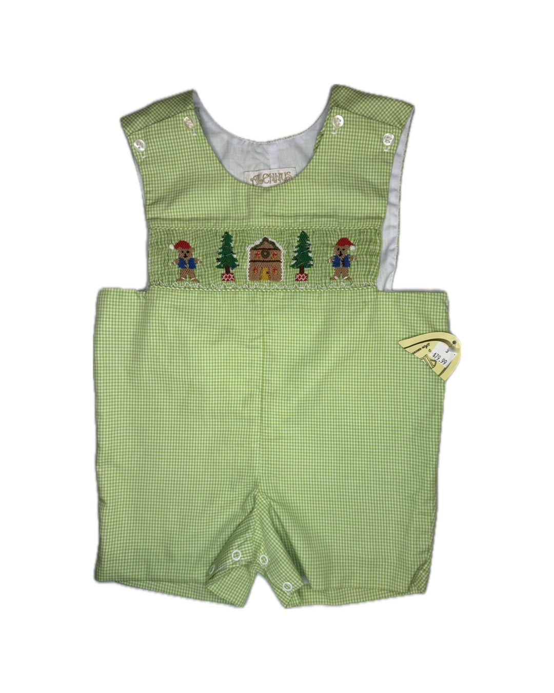 Green gingham baby romper with embroidered gnomes, trees, and house, sleeveless design