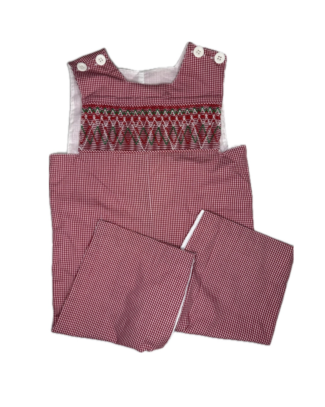 Red checkered toddler overalls with geometric smocking and white button straps