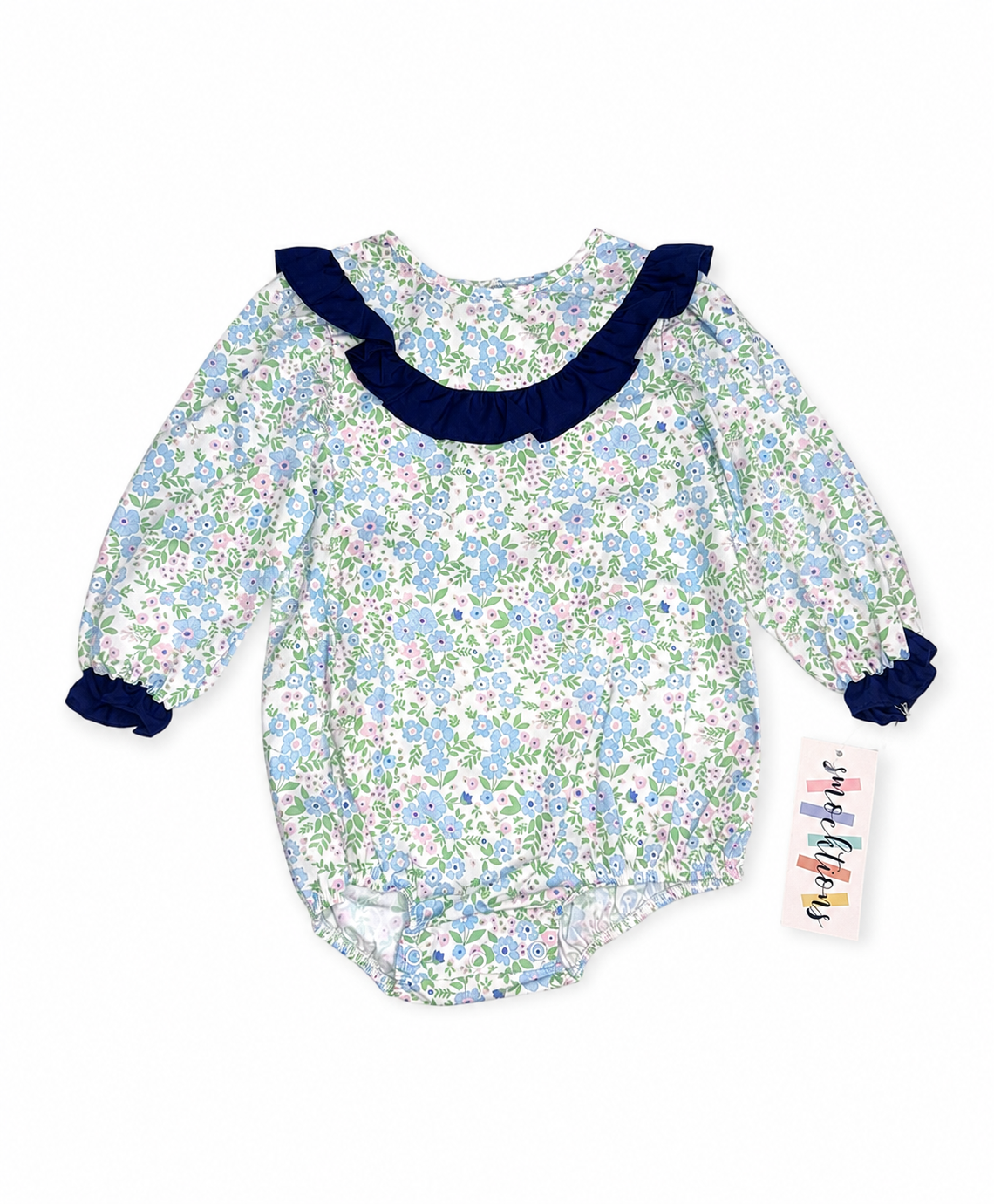 18M Smocktions Navy Blue Ruffle Floral LS Bubble