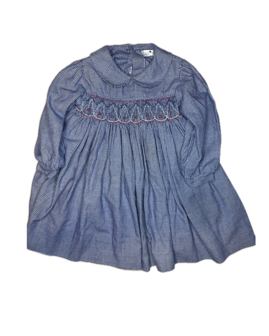 Blue gingham smocked long sleeve dress with Peter Pan collar, classic children's clothing