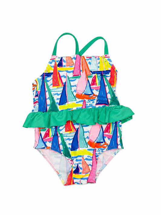 9M Smockingbird Watercolor Sailboat Ruffle One Piece Swimsuit